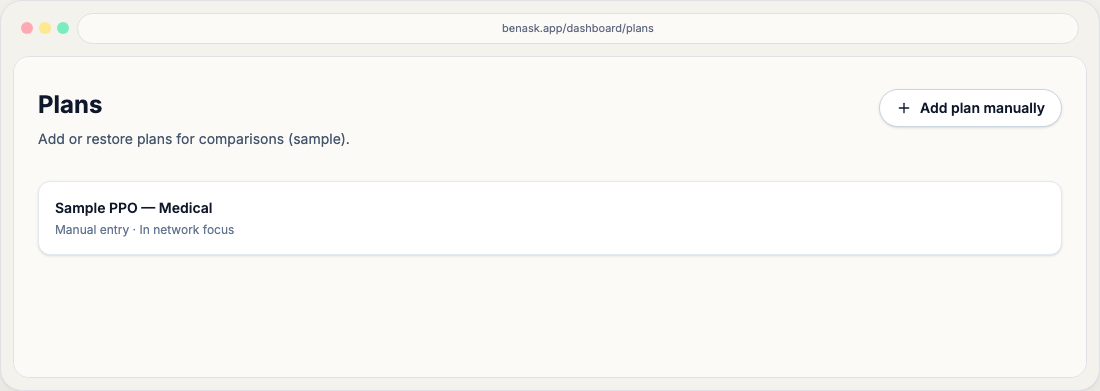 Plans screen highlighting add plan manually