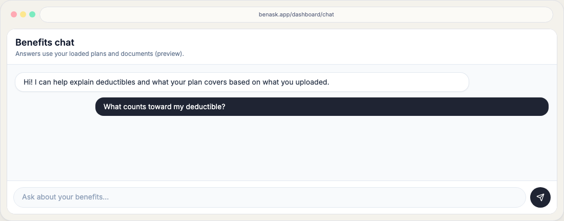 Benefits chat layout with assistant reply and message composer