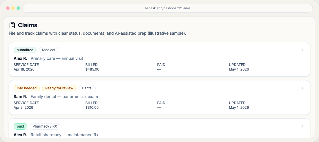Claims list in BenAsk with tabs, search, and status chips
