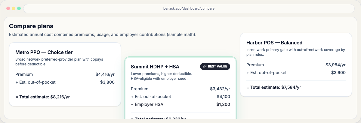 Compare plans view with scenario controls and plan cost cards