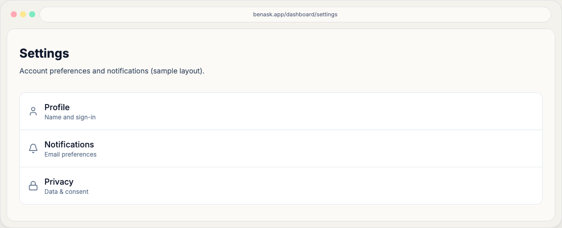 BenAsk Settings page with profile, notifications, and privacy rows